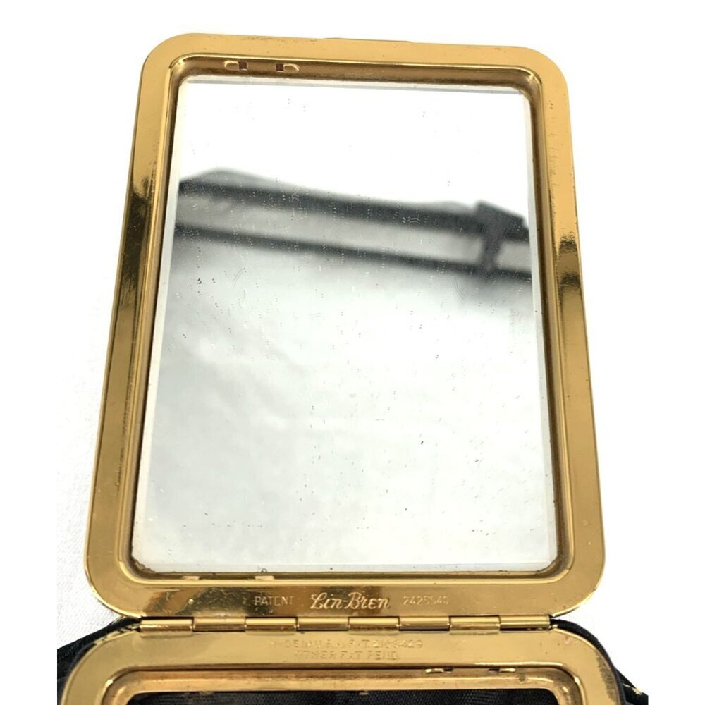 LIN BREN Purse Handbag Black & Gold Satin Brocade Box Mirror 5" Tall - Picture 9 of 10